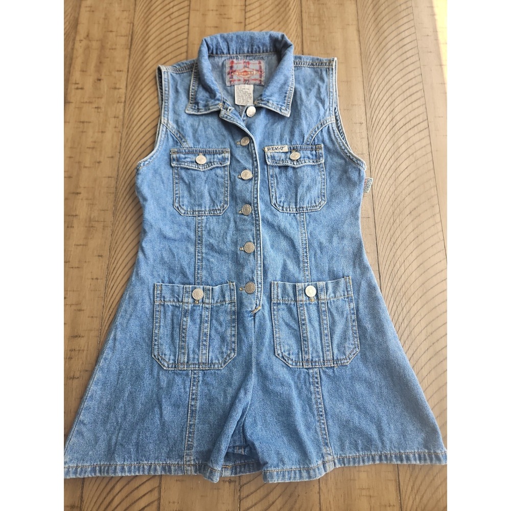 Vintage Revolt Kid Girls 10 Blue Jean Denim Cotton Romper Chore Pocket 90s Y2K